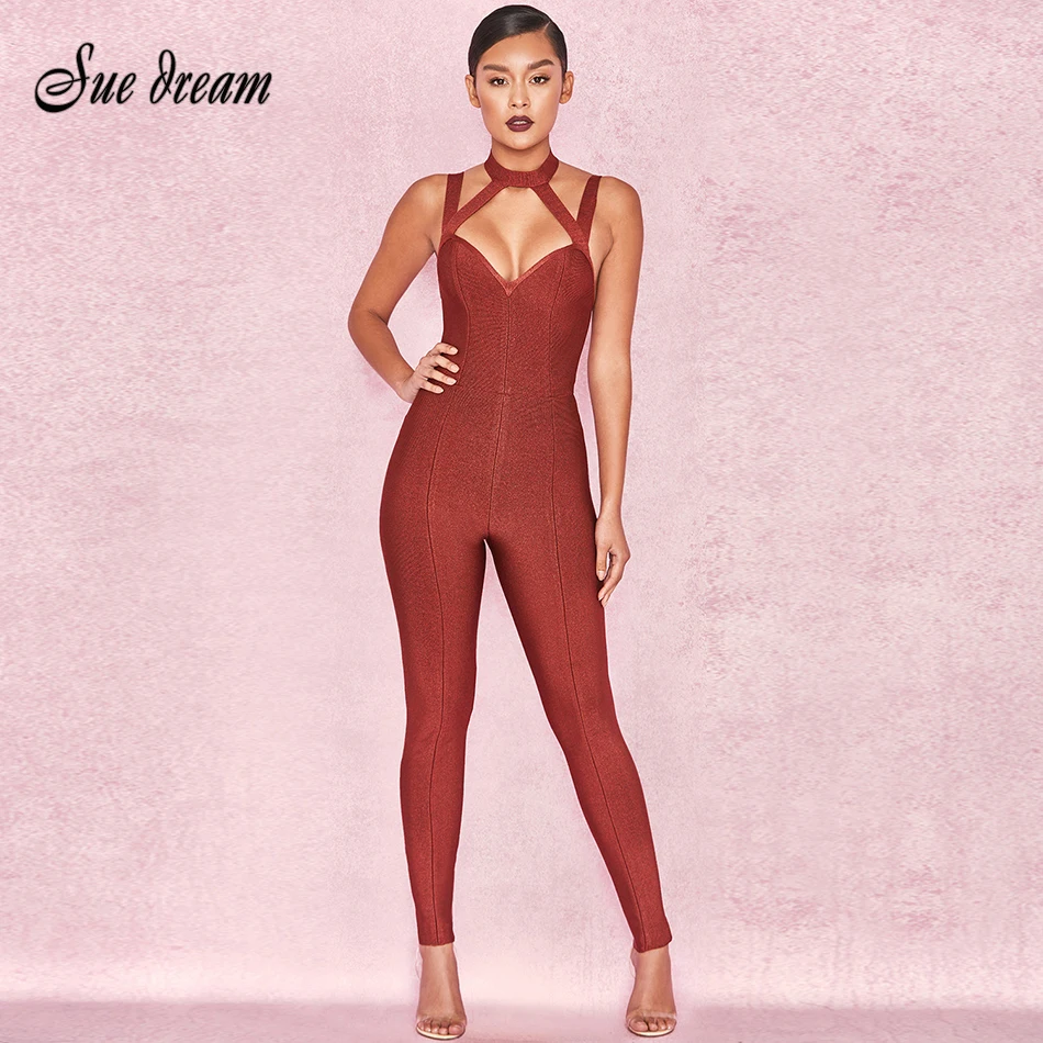 

Wholesale 2018 New Winter Women Runway Chic Bandage Jumpsuits Sexy Bodycon Claret Sleeveless Full Length Party Bodysuit Vestidos
