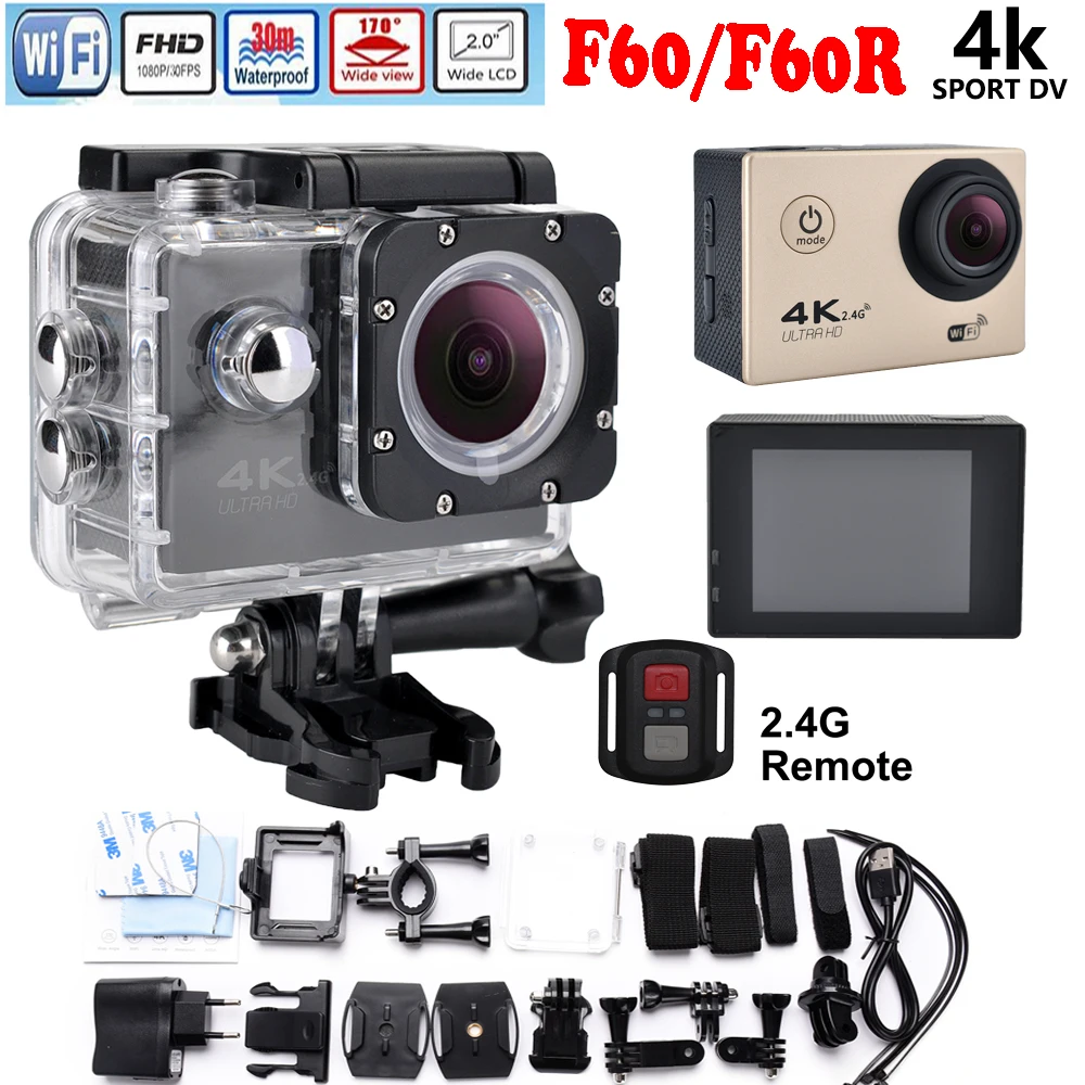  Original F60 / F60R Ultra HD 4K Action Camera Wifi 2.0 screen 170 Wide Lens 30M waterproof Action cam go pro style + remote 