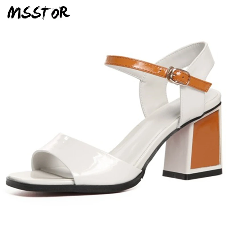 

MSSTOR Peep Toe Women Sandals 2018 Square Heel Concise Fashion Mixed Colors Leather Sandals Women Buckle Strap Summer Shoes