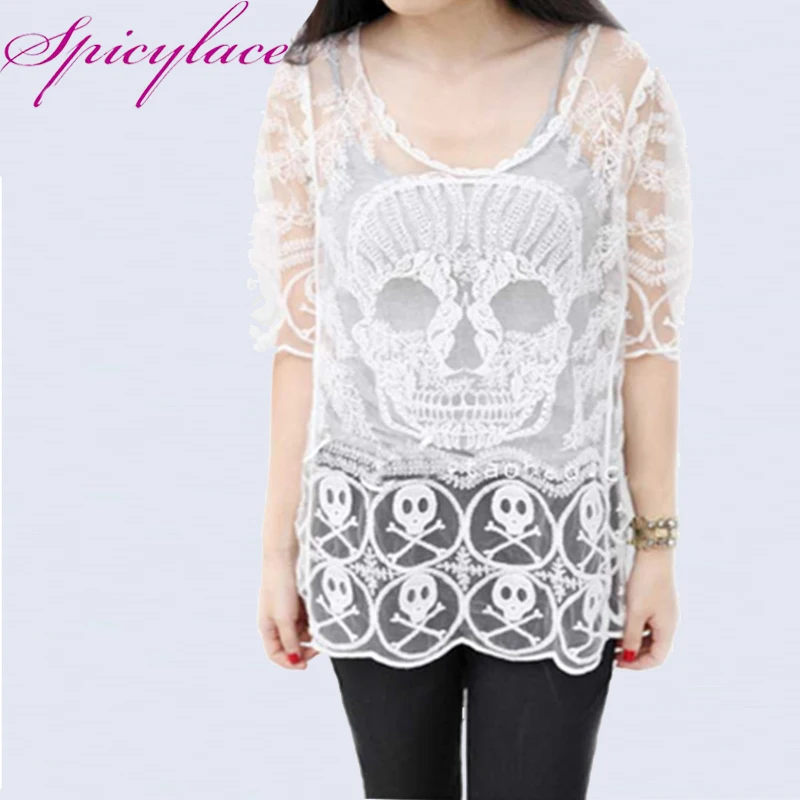 

2018 New Half Sleeve Open Work Lace Embroidery Crochet Knit Floral Skull Head Print Outside Sexy Smock Blouse Tops