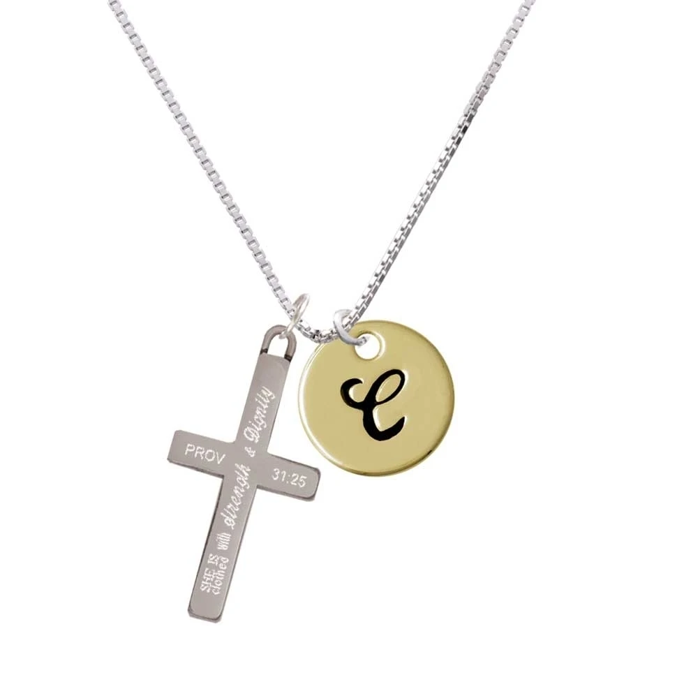 Large Gold Tone Disc Letter - C - 3/4'' - Strength and Dignity - Cross Necklace