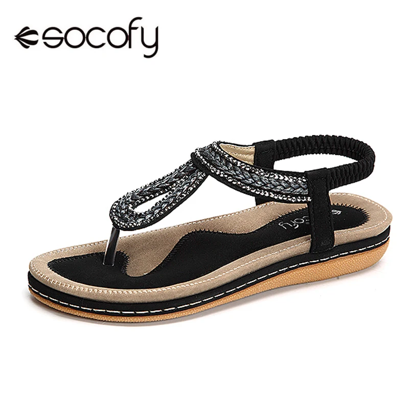 

Socofy Rhinestone Knitted Beach Flat Sandals Women Summer Shoes Elastic Slip On Clip Toe Bohemian Sandals Women Shoes Large Size