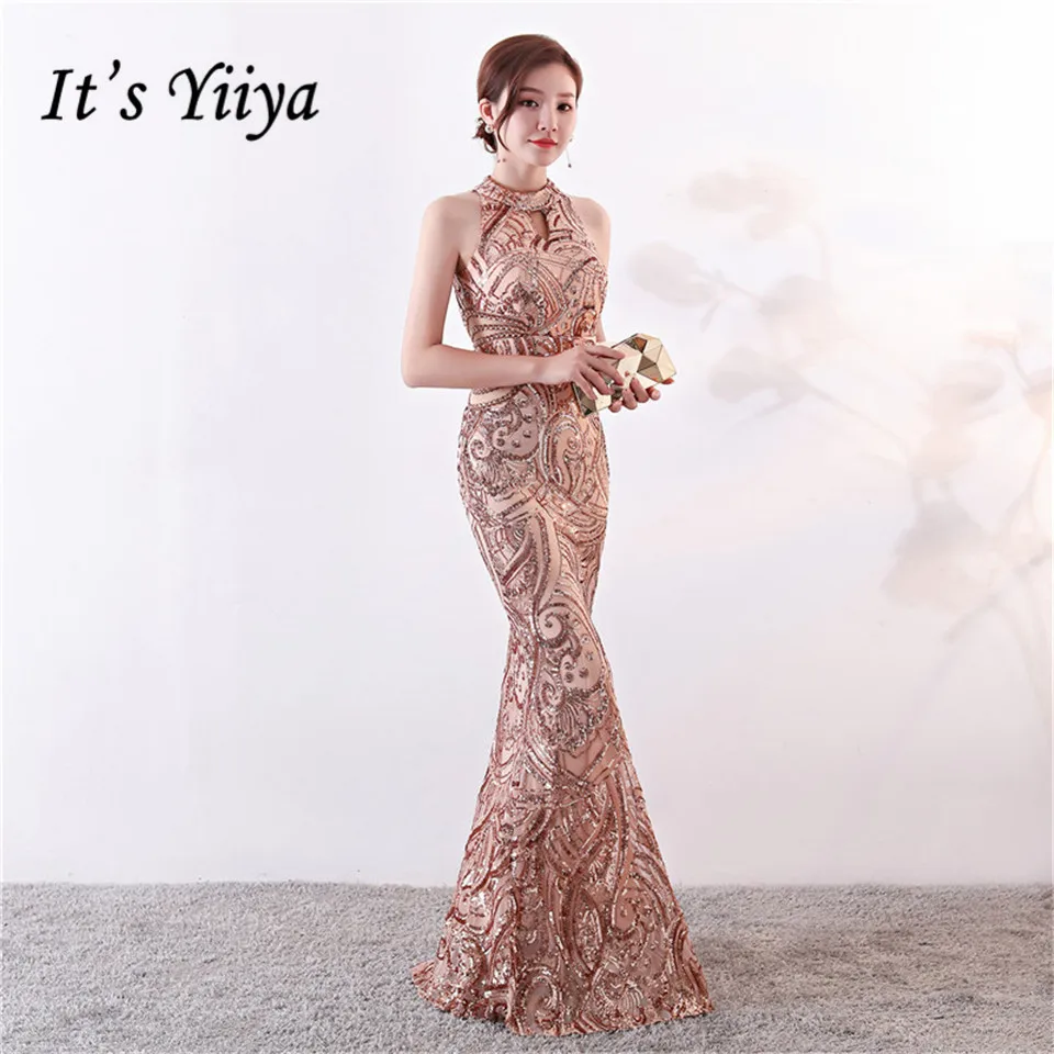

It's Yiiya Evening dresses Halter Sequined Zipper back Trumpet Party Gowns Crystal Floor-length Royal Mermaid Prom dress C160