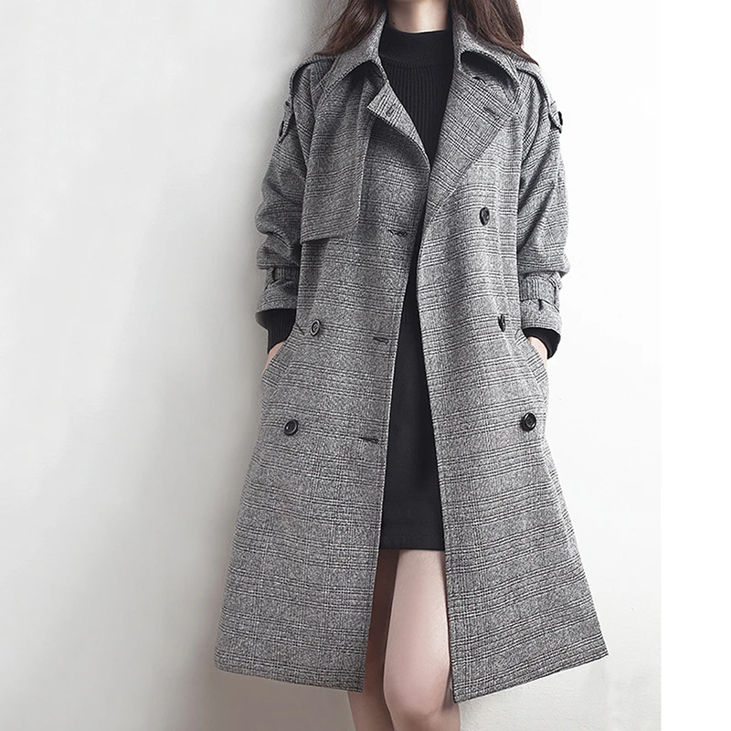 Gaganight Plaid Women Autumn Winter Trench Coat Warm Thick Single Breasted Long Coat Female Elegant Chic Sashes Outwear