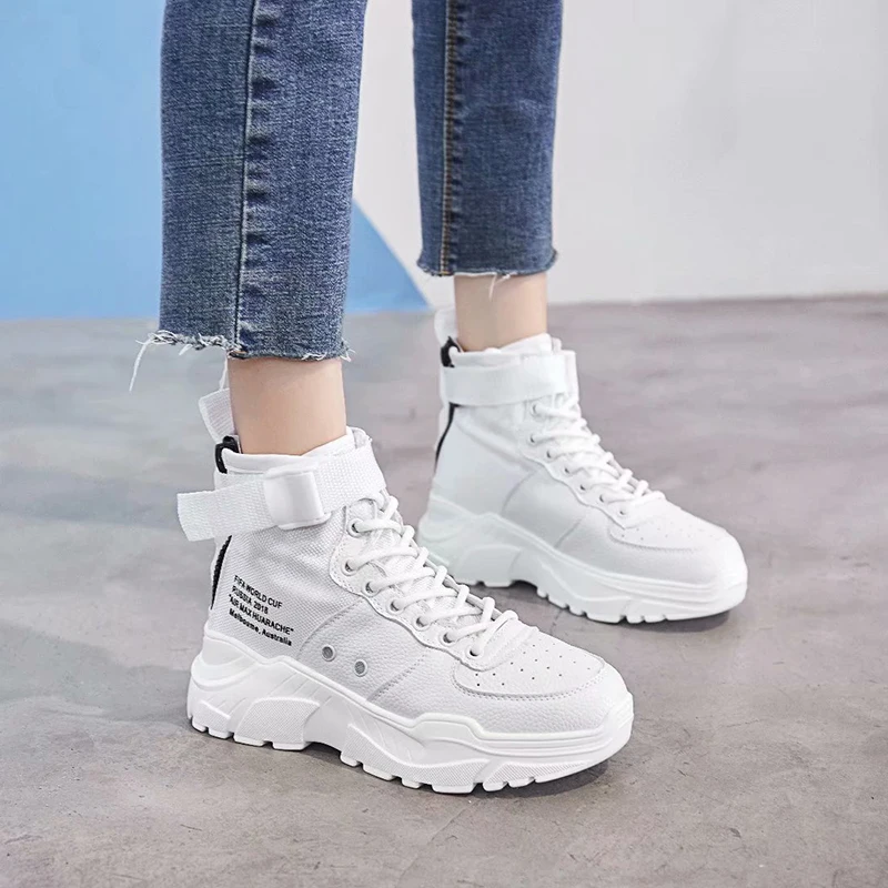 

Dumoo Brand 2018 Autumn Sneakers Women Shoes Lady White Shoes High Tube Heel 5cm Trainers zapatillas mujer Casual Platform Shoes