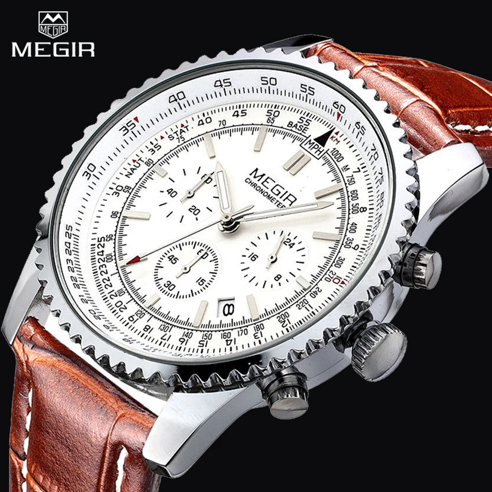 

MEGIR Mens Watches Top Brand Luxury Waterproof 24 hour Auto Date Chronograph Quartz Watch Genuine Leather Sport WristWatch Clock