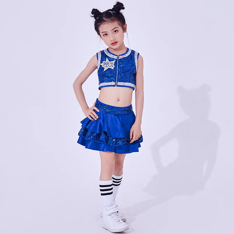 Blue 2pcs Детские платья для девочек, детский школьный танец Черлидинга, костюм для джазового танца, комплект из 2 предметов, топ-юбка, детский сценический костюм, BL1755 - Цвет: Blue 2pcs