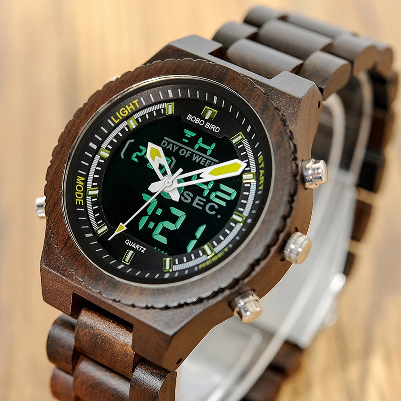 Manufacture BOBO BIRD L- P02 Classic Men Wooden Watches Quaint Luxury Alarm Clock Men Ebony Wood Band Dual Display Watch
