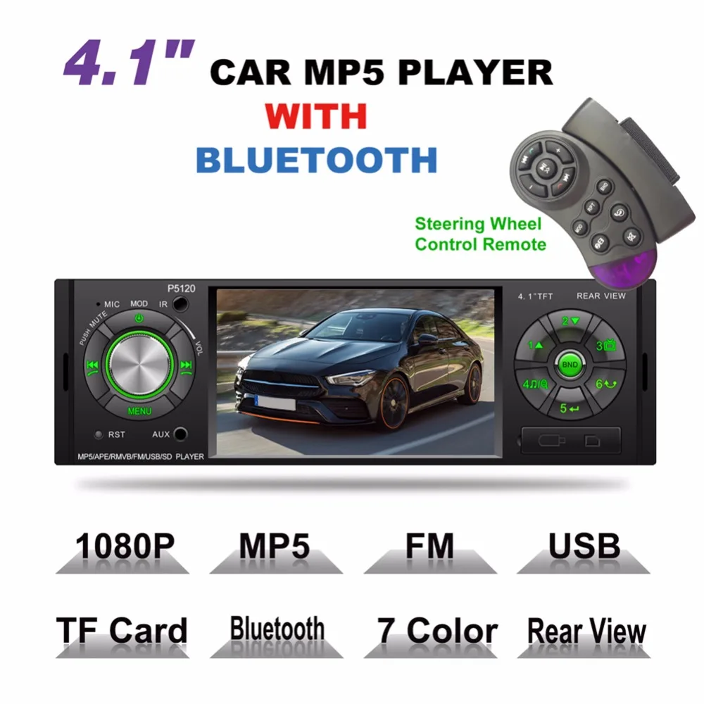 

P5120 4.1 inch 1 din Car Stereo MP5 Player FM Radio Bluetooth AUX Autoradio Support Rear View Camera Steering Wheel Control