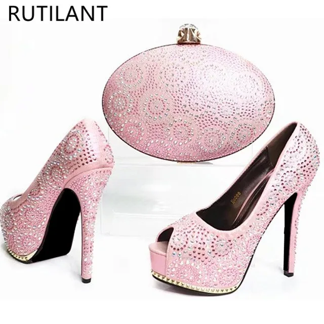 

New Pink Color Matching Shoes and Bag Set Decorated with Rhinestone Nigerian Wedding Shoes and Bag Set Italy Shoes and Bag Sets