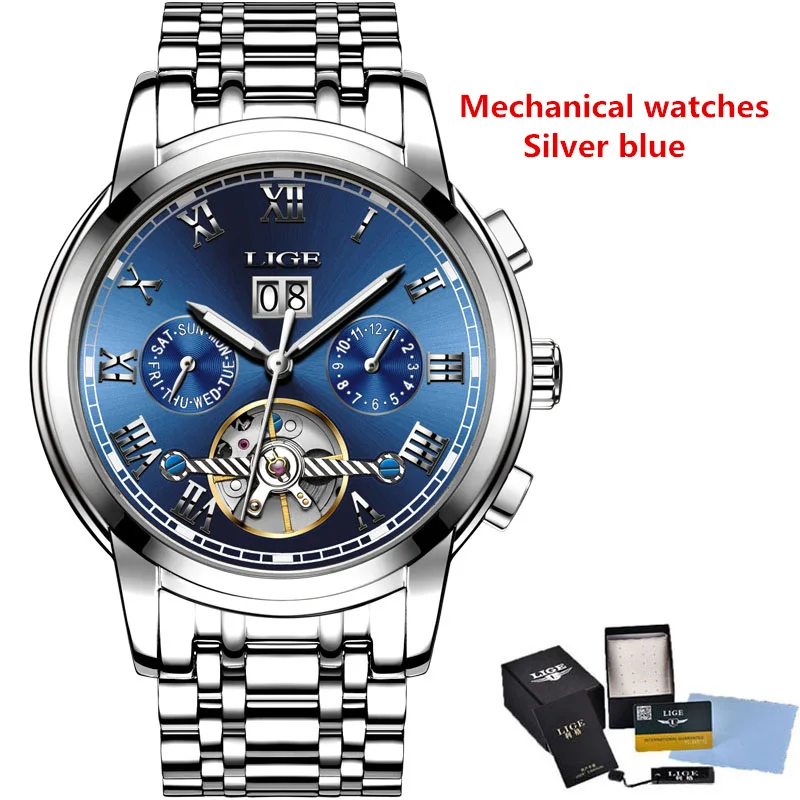LIGE мужские часы Топ люксовый бренд автоматические механические часы мужские полностью стальные бизнес водонепроницаемые спортивные часы Relogio Masculino - Цвет: Silver blue mechanic