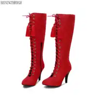 New thin high heels women Boots lace up tassel knee high boots ladies dress club dancing shoes spring autumn casual shoes woman