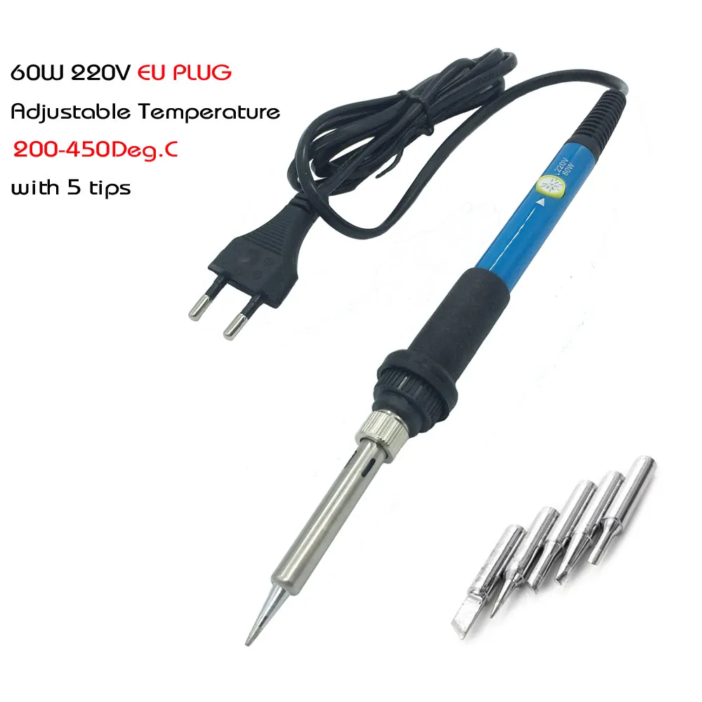 60W 220V EU Plug Adjustable Temperature Electric Soldering Irons Set with 5 Solder Iron Tips