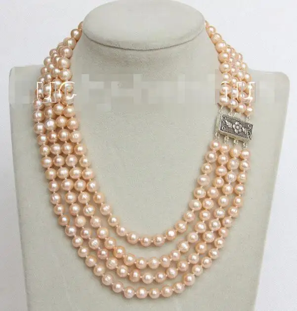 

Free Shipping>> new hot 16" 4 Strand 8mm pink FW pearls necklace 925 silver clasp j10681