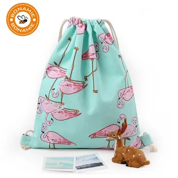 

BONAMIE New Fashion Canvas Backpack Flamingo Print Shopping Travel Beach Bag Man Women Drawstring Bag Female Backpack School Bag