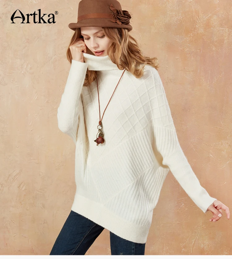ARTKA осенне-зимний винтажный шерстяной Свободный пуловер с воротником-стойкой и рукавом летучая мышь, свитер YB12279Q