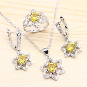 

Women Flower Silver Color Jewelry Sets Yellow/Blue/White/Purple Cubic Zirconia Earrings Pendant Necklace Ring Sets