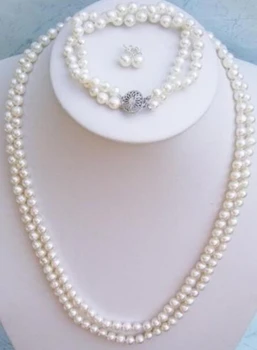 

free shipping $wholesale_jewelry_wig$ Beautiful 2Rows White Akoya Pearl Necklace Set 7-8mm
