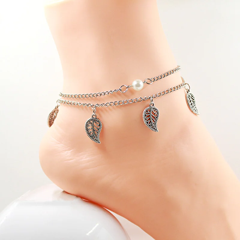 Bohemian Style Leaves Charms Anklet Pearl Bead Anklet Two Layers Anklet