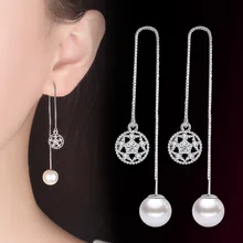Fanqieliu Real 925 Sterling Silver Chain Line Long Earrings Rhinestone &Pearl Drop Earrings Women FQL1932612 rhinestone long chain earrings
