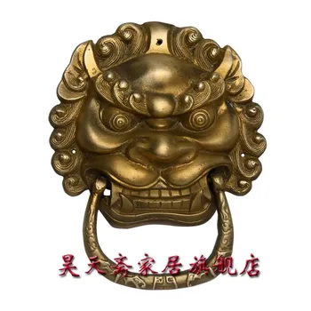

[Haotian vegetarian] antique brass door knocker town house evil beast copper lion head door knocker door handle HTA-008