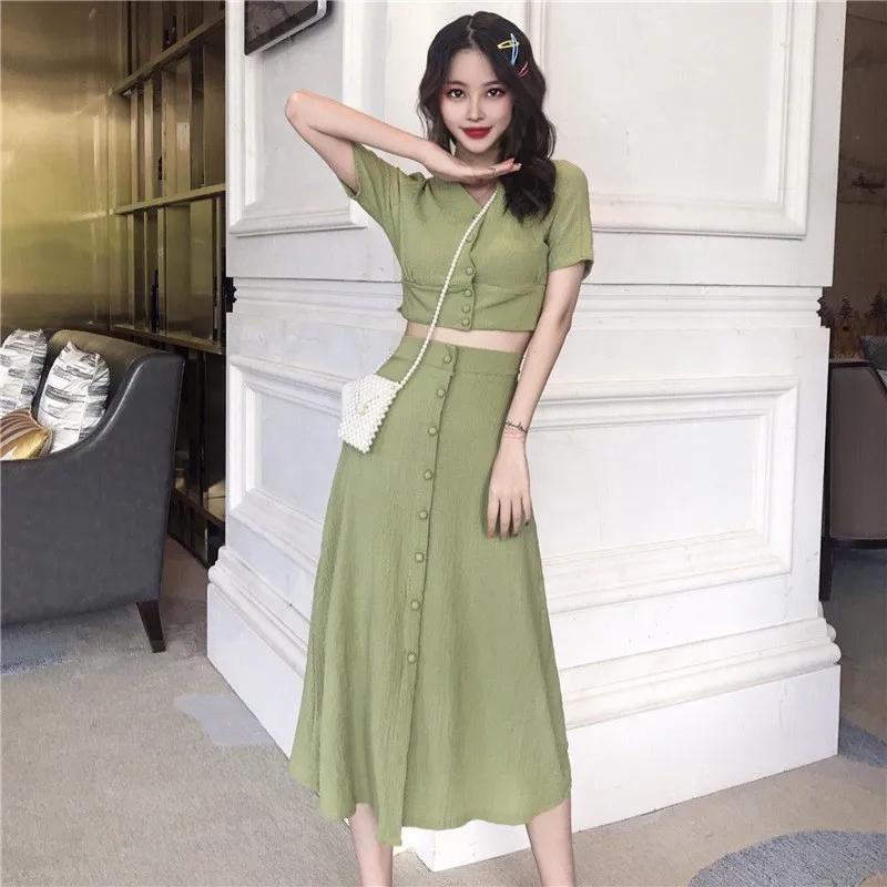 

Sexy Solid Crop Tops And A-Line Skirt Suit 2 Piece Sets V-Neck Women 2019 Summer Short Shirts Mid Skirt Casual Outfit