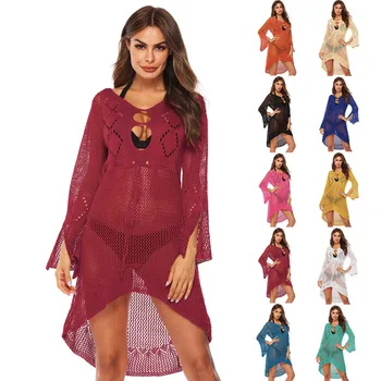 

Swimsuit For Women Beach Skirt Pareo Swim Dress Summer Tunic On The Color Irregular Sexy Bell Long Sleeve Hollow Knitted