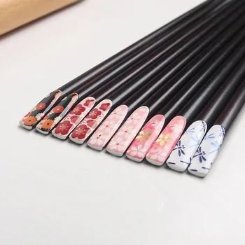 

5pairs Japanese-style Sushi Handmade Natural Wood Chopsticks Black Hashi Sakura Chopstick baguettes japonaise