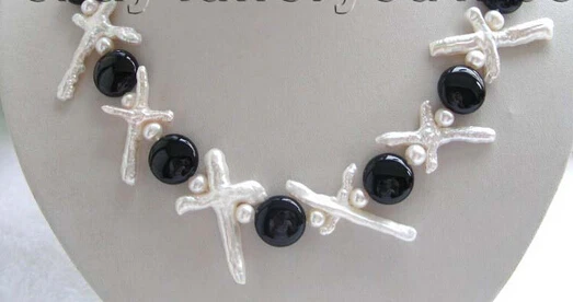 

Jewelr 004223 Natural Black Agate White Cross Pearl Necklace
