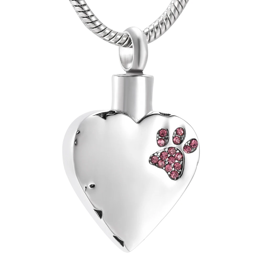IJD9981 Engravable Pink Crystal Dog Paw In My Heart Stainless Steel Cremation Urn Necklaces For Ashes Of Pets | Украшения и