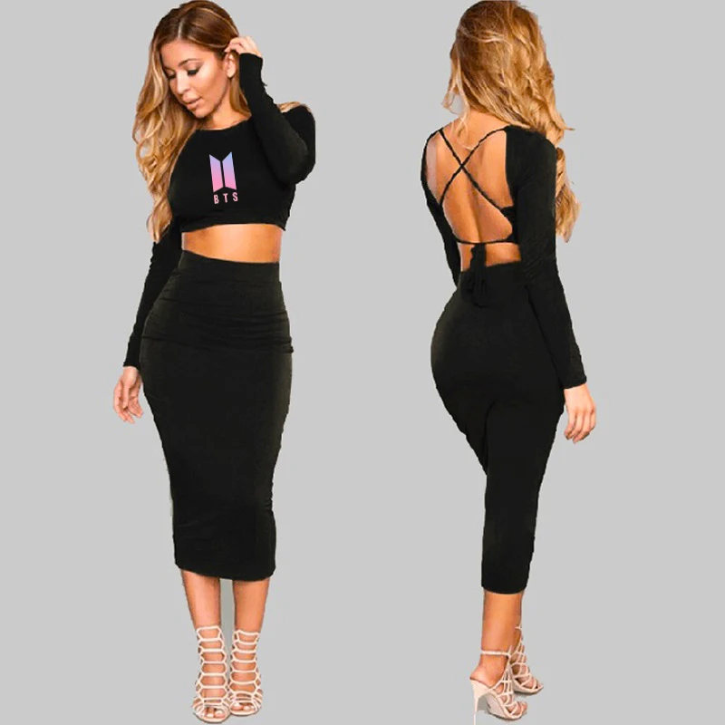 

BF KPOP 2019 Spring summer 2 Piece Set Women Clothes Set album love yourself Long sleeve backless slim two piece dress