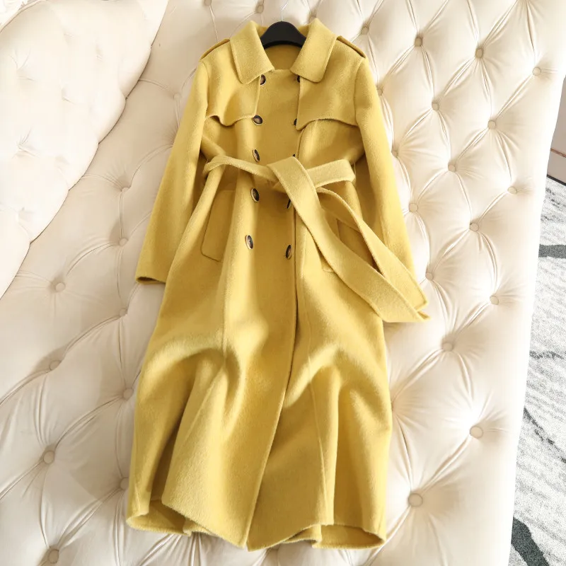 

2019 Winter Women Woolen Coat Double-breasted With Belted Long Double-faced Wool Long Sleeve Casual Cashmere Coat Outerwear R745