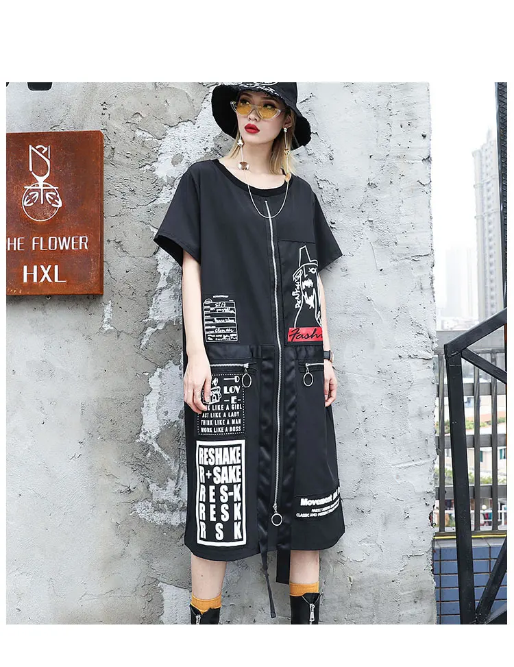 XITAO Tide, платье с буквенным принтом размера плюс, женское платье в стиле пэчворк, с карманами, индивидуальная корейская мода, круглый вырез, подходит ко всему лету DLL3176