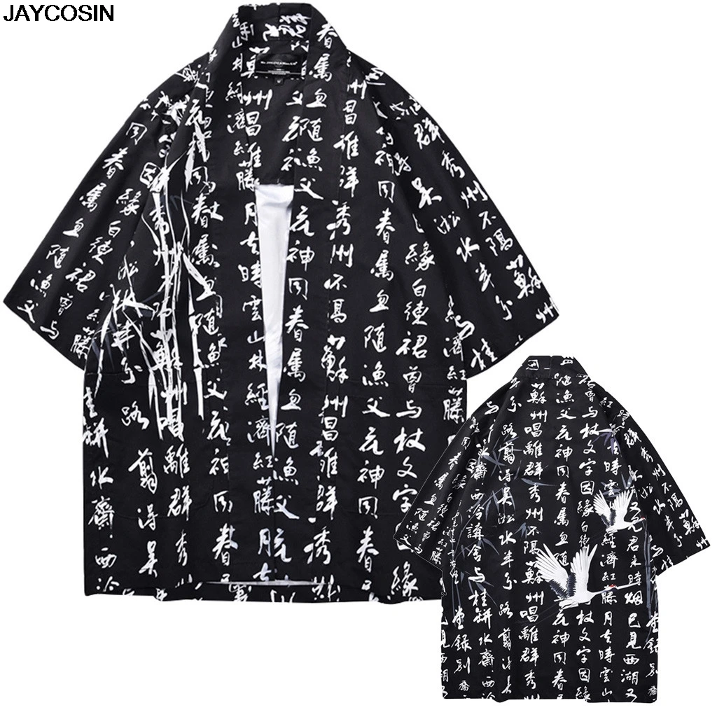 

KLV Kimono mens Blouses summer Crane Fashion Individuality Printing Tops Blouses Kimono Spring Clothing Mujer Boho Cardigan 9418