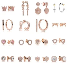 Женские серьги из стерлингового серебра 925 пробы, розовое золото, цвет золота, серьги-гвоздики, сердце круг, Кристалл для женщин, ювелирные украшения