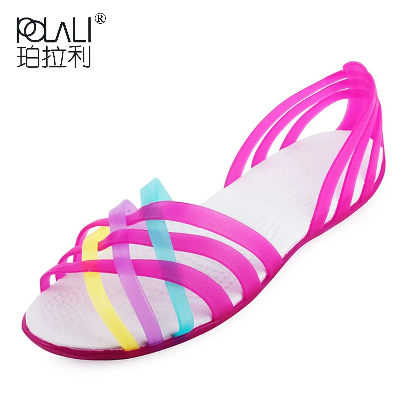

Women Sandals 2018 Summer New Candy Color Women Shoes Peep Toe Stappy Beach Valentine Rainbow Croc Jelly Shoes Woman Flats XC34