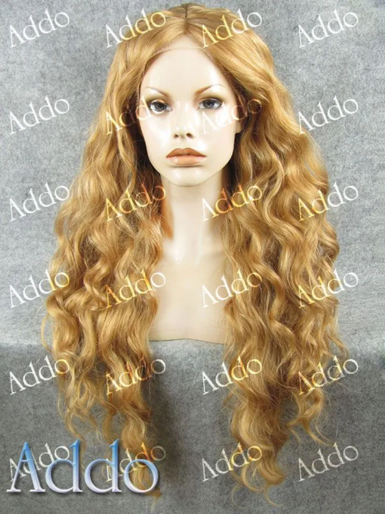 

Hot sale long wavy Honey blonde wig 26" skin top synthetic lace front wigs womans fashion wigs