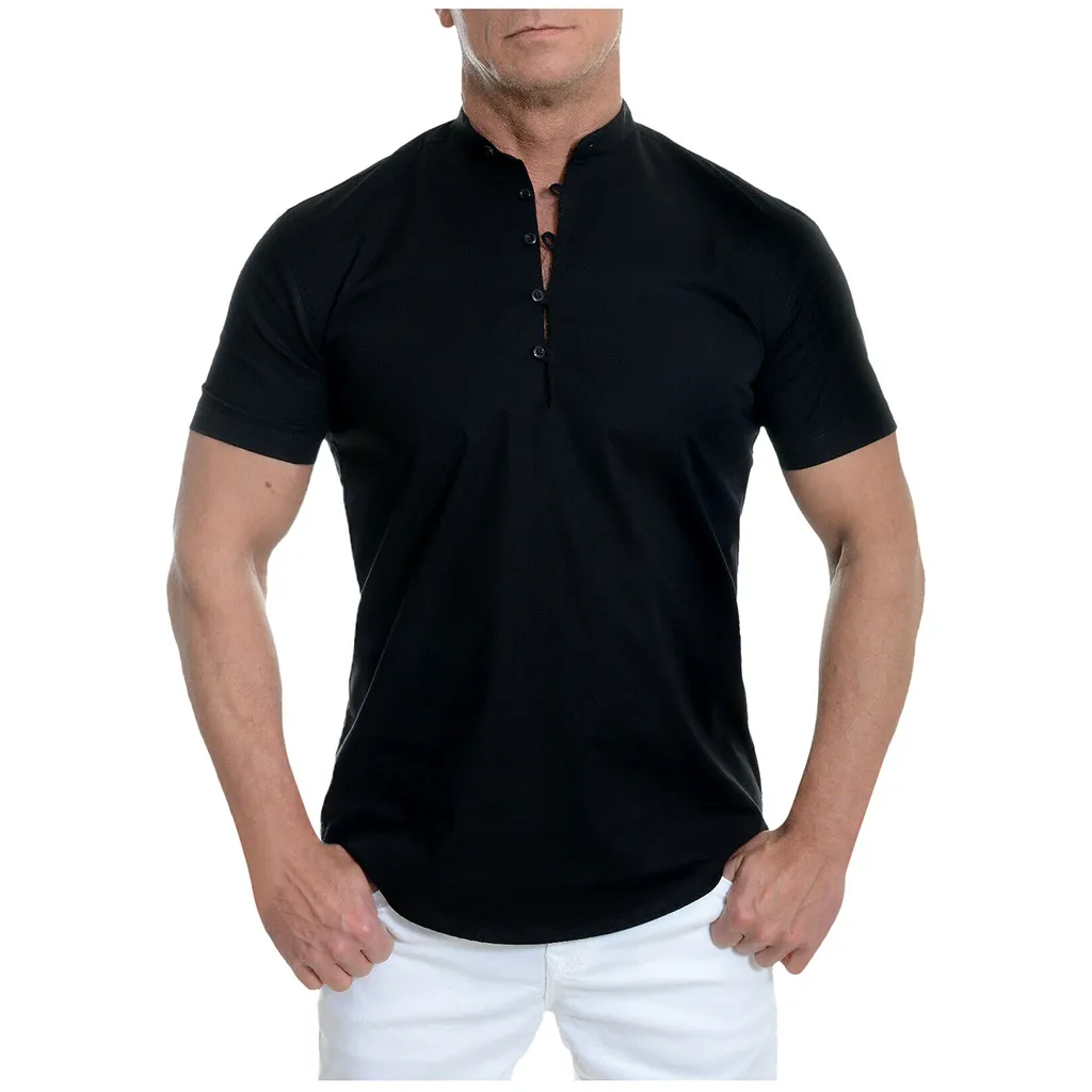 

Summer Male Casual Shirt Blouse Men's Short Sleeve Shirt Smart Grandad Collar Loops Cotton White Black Blouse Outdoor Sport Tops
