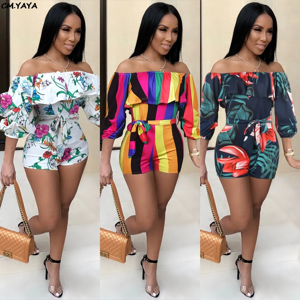 

2019 women floral striped print off shoulder butterfly sleeve wrist sleeve beach playsuit sexy casual short jumpsuit GLFSX25