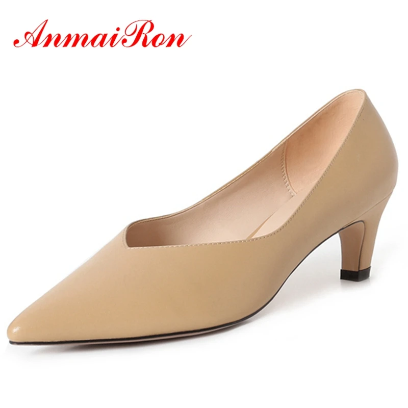 

ANMAIRON Genuine Leather Women Pumps Med High Heels Dress Shoes Slip On Spike Heel Ladies Pumps Plaid Spring Size 34-39 CR288