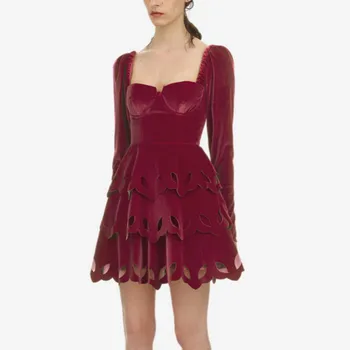 

New Women A line Dresses Mini Self Portrait Autumn Winter Square Collar Femme Pleated Party Dress Hollow Out Long Sleeve Vestido