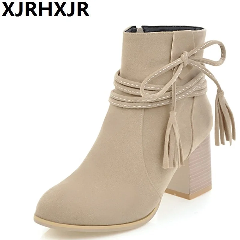 

XJRHXJR British Style Suede Leather Ankle Boots Women Shoes Autumn Winter Side Zipper Short Boots Female Square Heel Shoet Boot