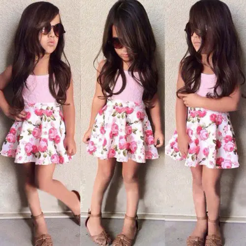 

2016 Summer 2pcs Princess Baby Girls Sleeveless T-Shirt Top+Flower Floral Skirt Outfits Set 2-7Y