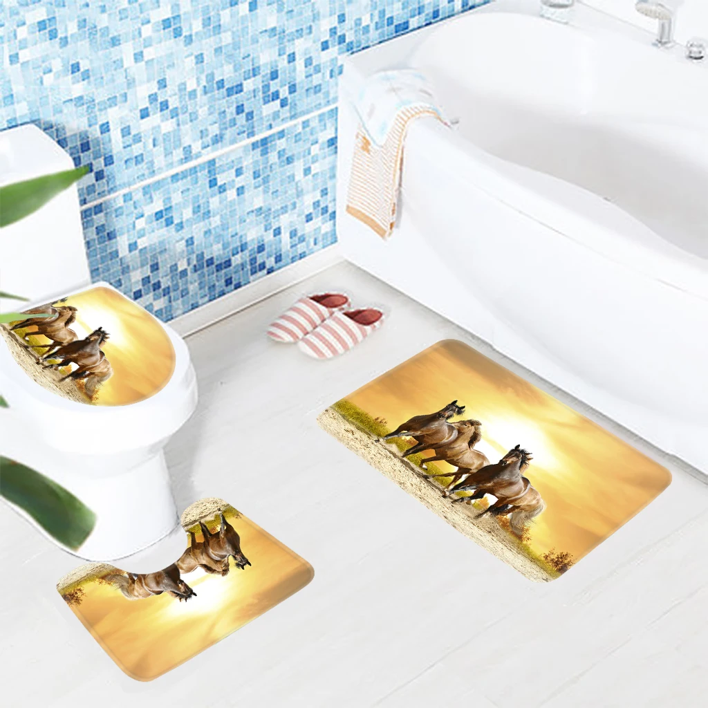 3pcs Bathroom Mat Set Brown Running Horse Pattern Bath Mat Non Slip