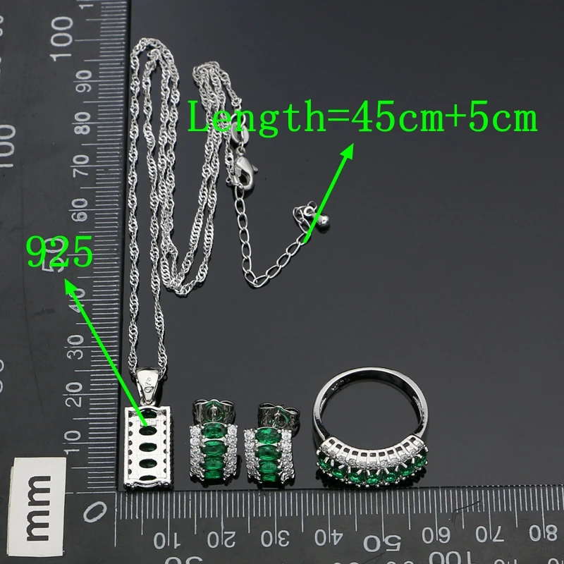 Женские свадебные ювелирные наборы из серебра 925, серьги-гвоздики с зеленым кубическим цирконием и белыми кристаллами, кулон, кольцо, браслет, ожерелье, наборы
