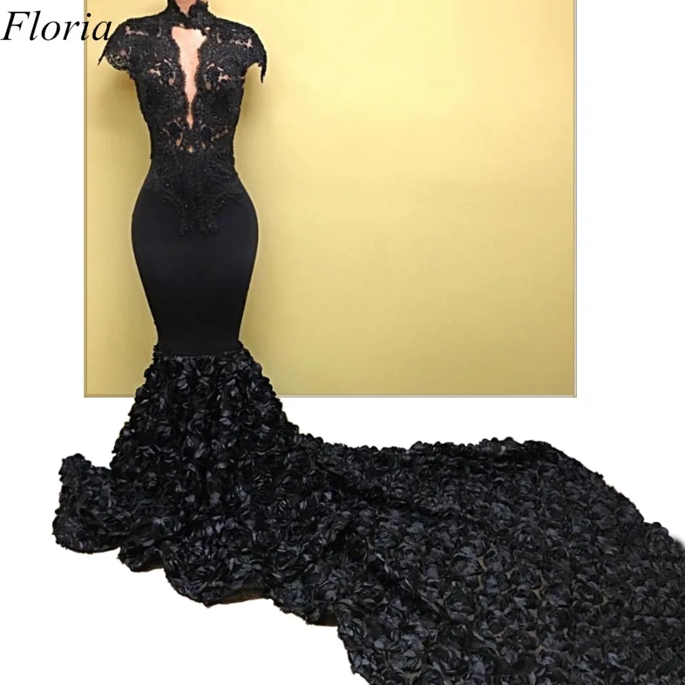 Black-lace-and-satin-high-neckline-cap-sleeve-3D-rose-mermaid-prom-dress_副本