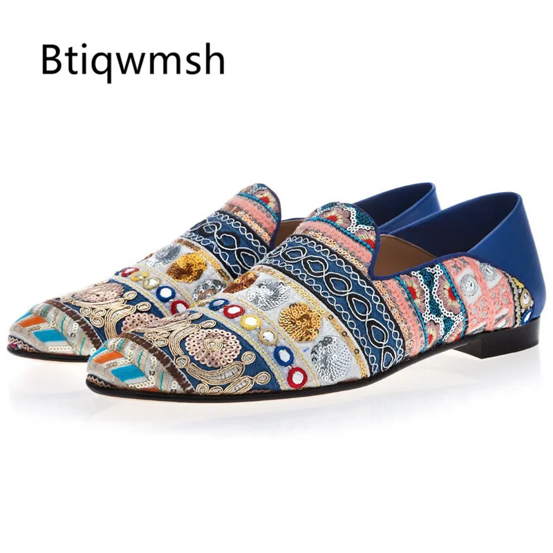 

2019 Handmade Embroidered Shoes Men Round Toe Rhinestone Sequins Flats Loafer Shoes For Man Slip On Lazy Slippers