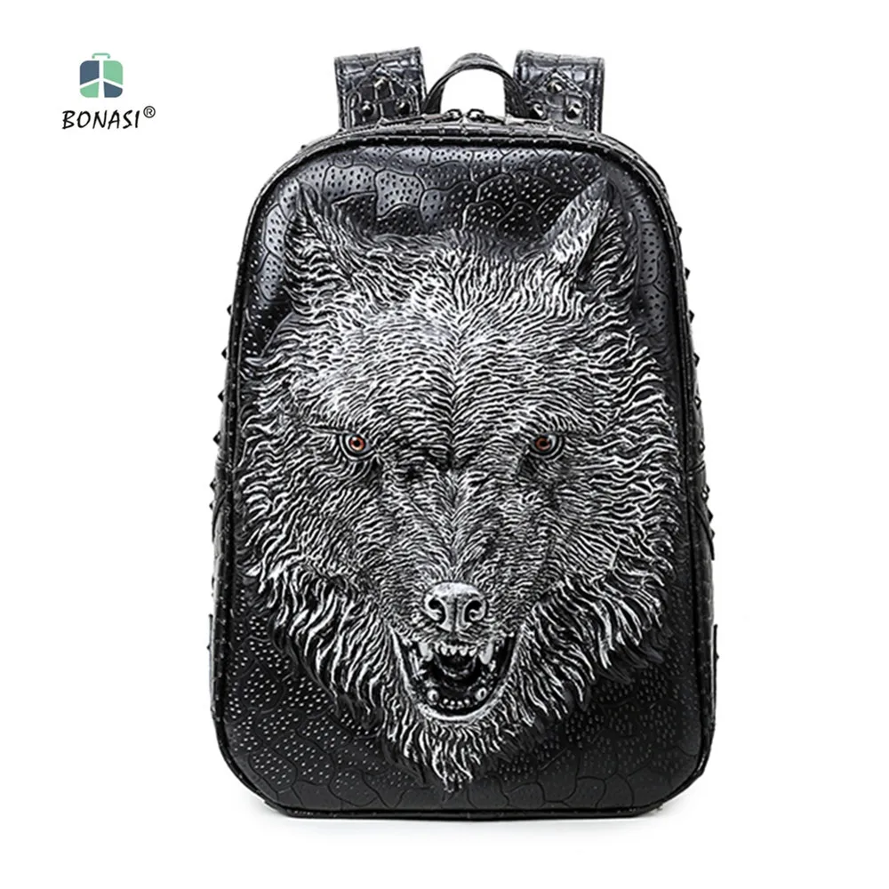 

2018 Rock Style 3D Wolf head Unisex backpack PU leather Backpack mochila Waterproof Men Women bag school boys bags free shipping