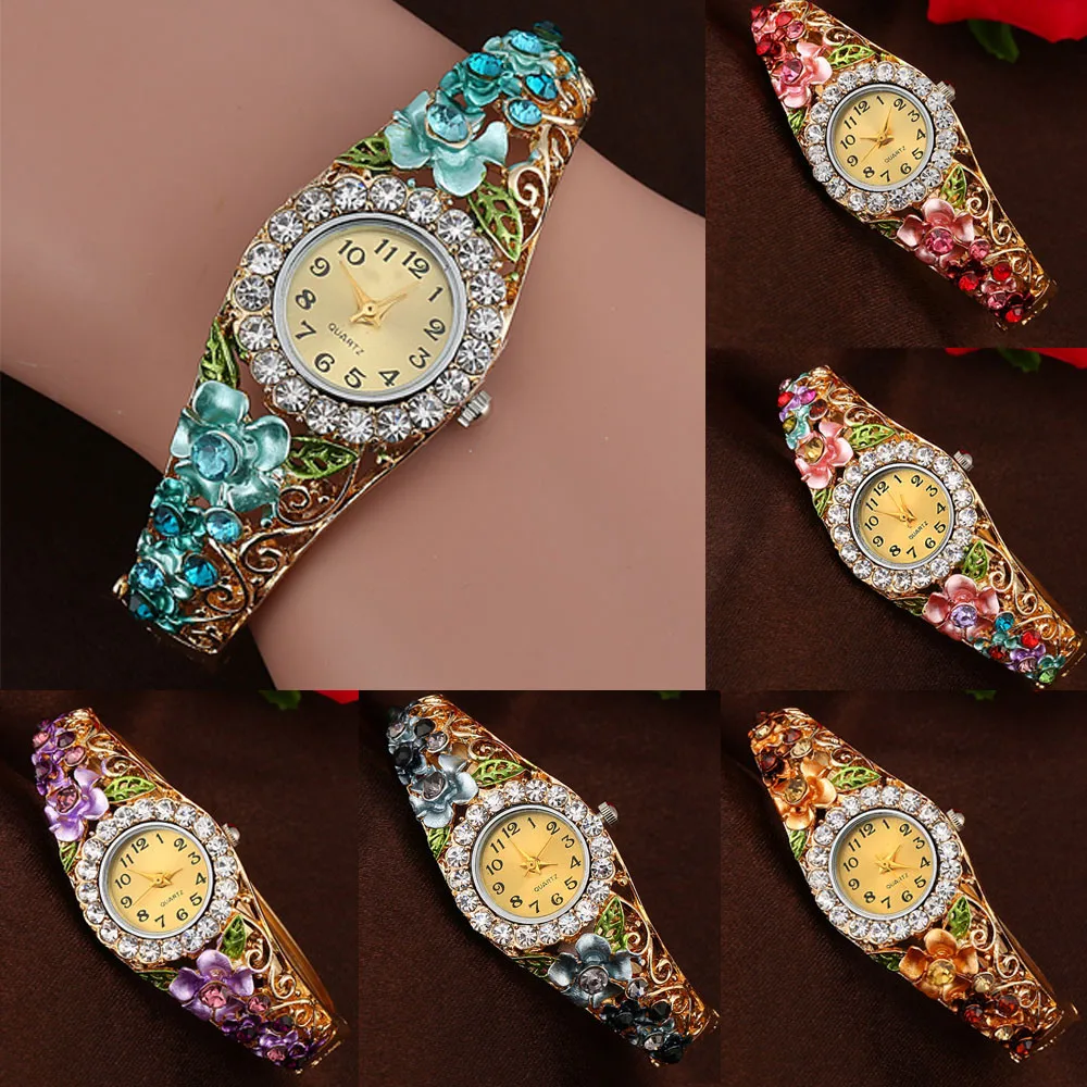 Gofuly новые женские кварцевые роскошный браслет с цветами из кристаллов часы Топ бренд мода женское платье наручные часы повседневные часы
