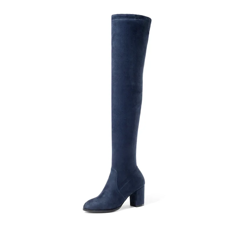 MoonMeek/размер 33-43; модные сапоги выше колена; женские сапоги до бедра из флока; элегантные женские сапоги на высоком толстом каблуке для выпускного вечера; Цвет Черный - Цвет: Синий